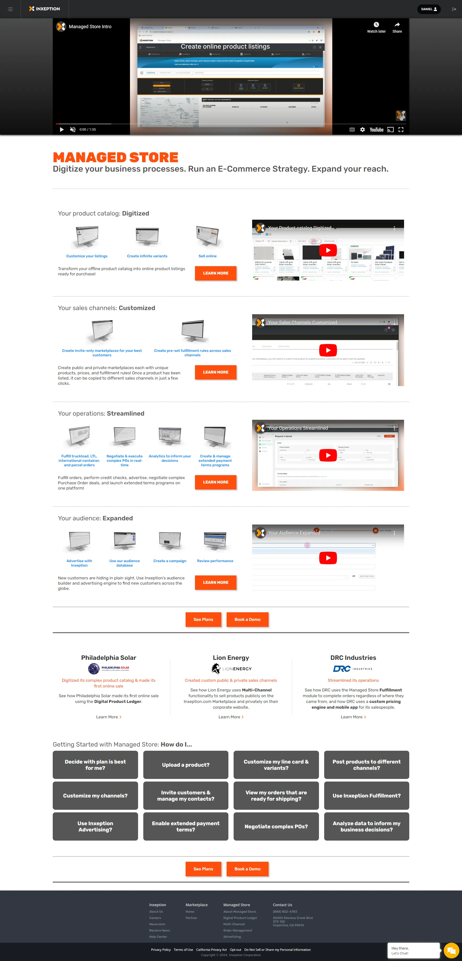 Managed Store Landing page that shows the main features of the platform.