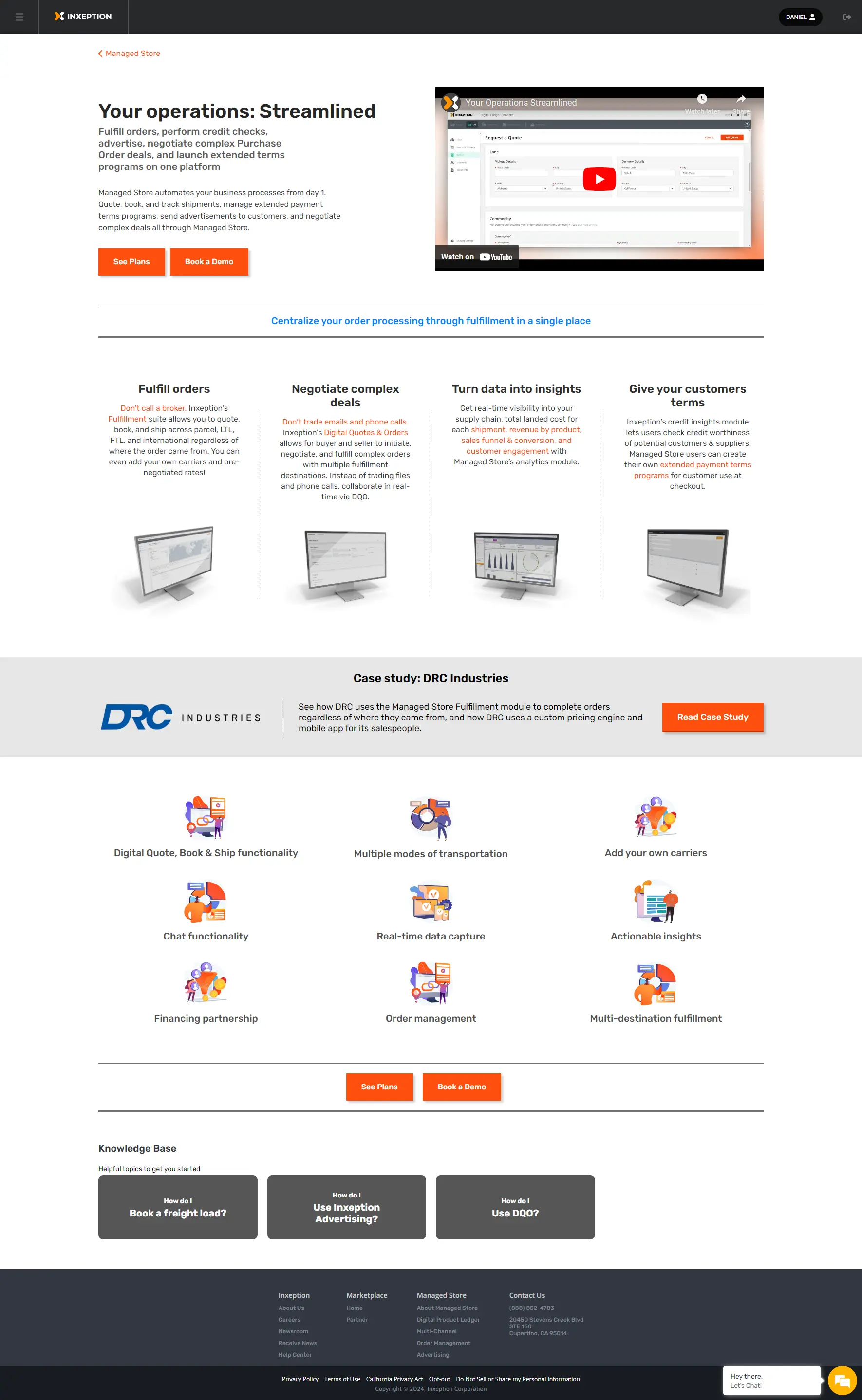 Managed Store landing page that shows services that helps customers' operation.